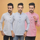 Combo of 3 Men Kurtas Stripe Cotton Handloom Sky Blue Pink and White