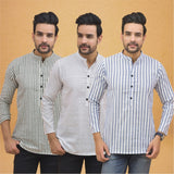 Combo of 3 Men Kurtas Stripe Cotton Handloom Sky Blue White and Gray