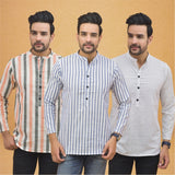 Combo of 3 Men Kurtas Stripe Cotton Handloom Sky Blue White and Peach