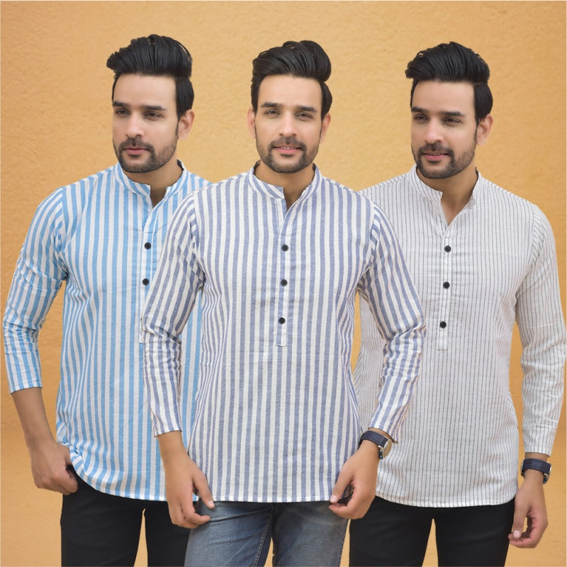 Combo of 3 Men Kurtas Stripe Cotton Handloom Sky Blue White and Sky Blue