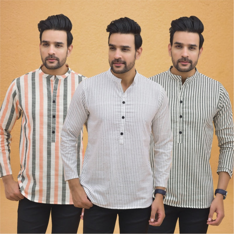 Combo of 3 Men Kurtas Stripe Cotton Handloom White Gray and Peach-