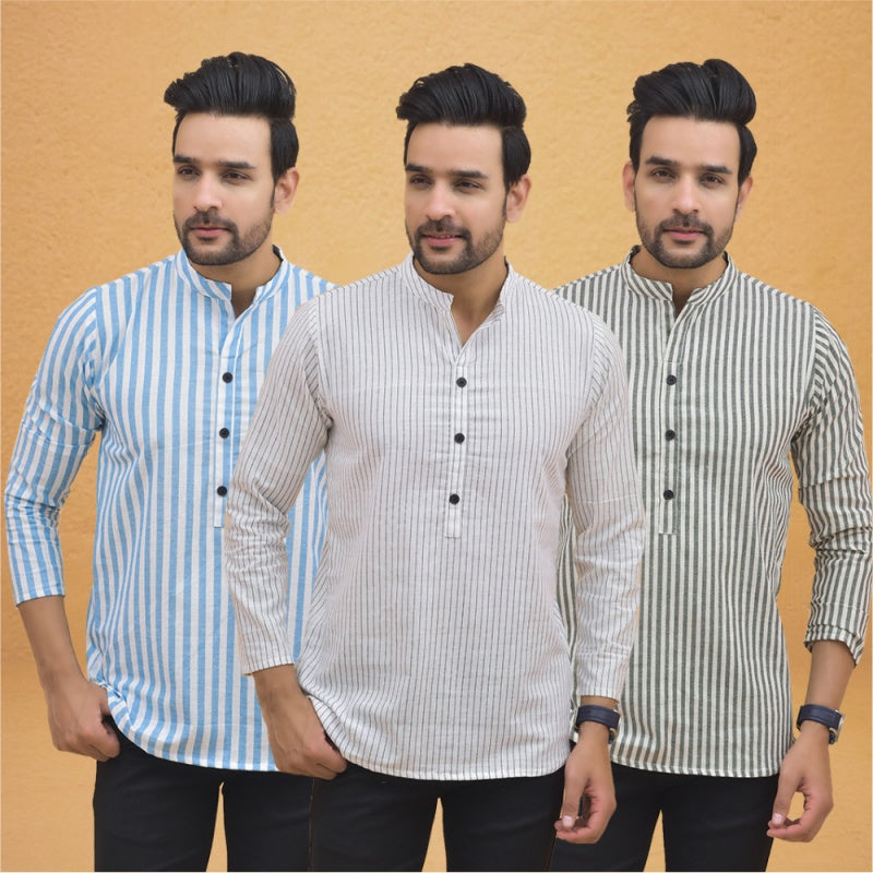 Combo of 3 Men Kurtas Stripe Cotton Handloom White Gray and Sky Blue