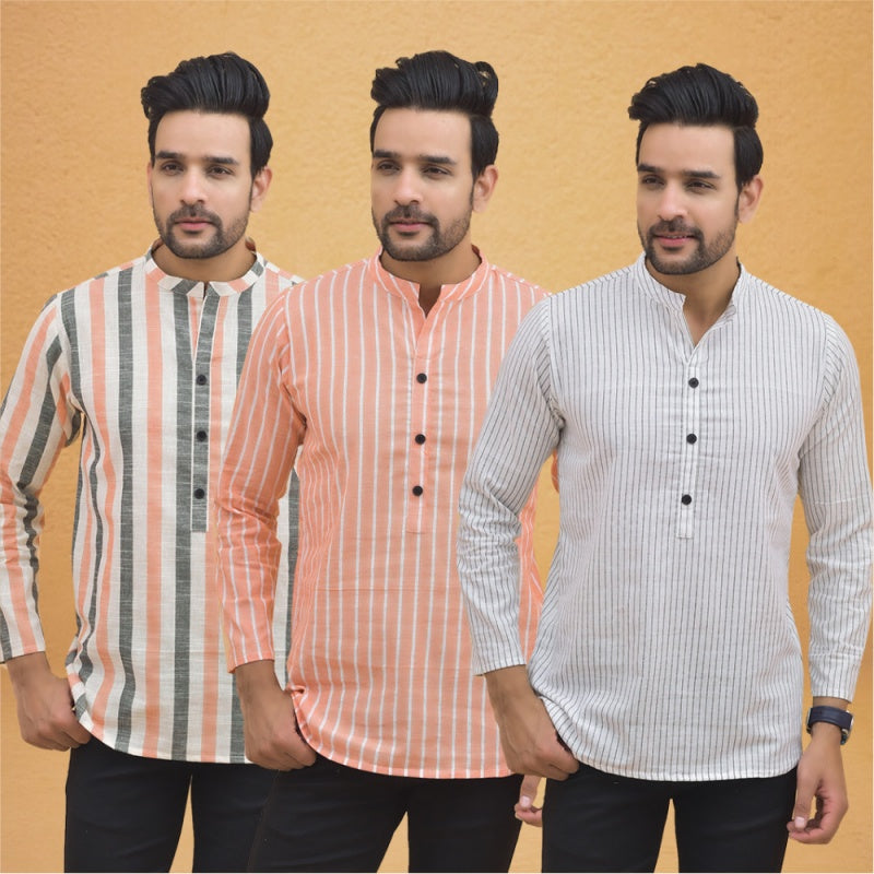 Combo of 3 Men Kurtas Stripe Cotton Handloom White Peach and Peach