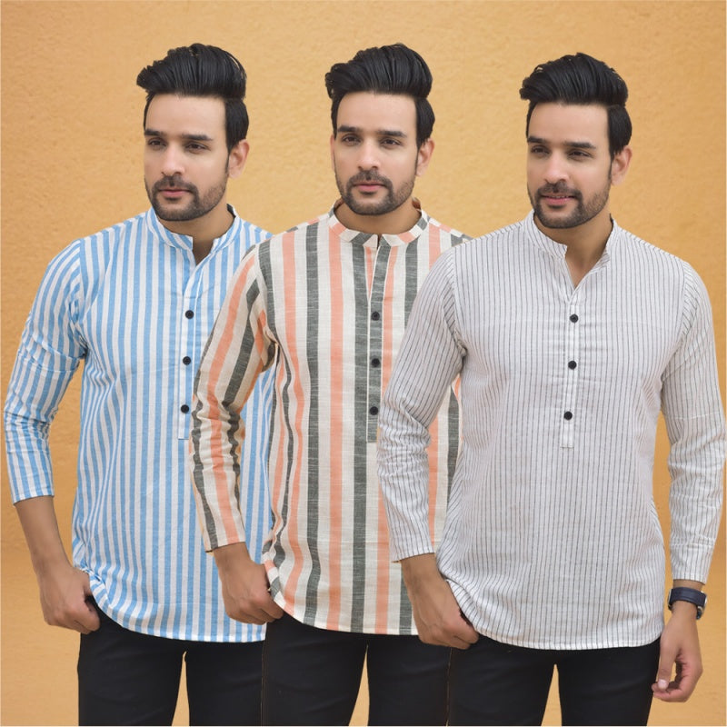 Combo of 3 Men Kurtas Stripe Cotton Handloom White Peach and Sky Blue