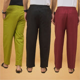 Combo of 3 Men Solid Cotton Flex Pant Black Maroon and Olive Green