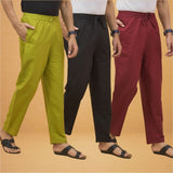 Combo of 3 Men Solid Cotton Flex Pant Black Maroon and Olive Green