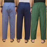 Combo of 3 Men Solid Cotton Flex Pant Bottle Green Navy Blue and Sky Blue