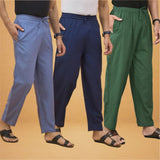 Combo of 3 Men Solid Cotton Flex Pant Bottle Green Navy Blue and Sky Blue