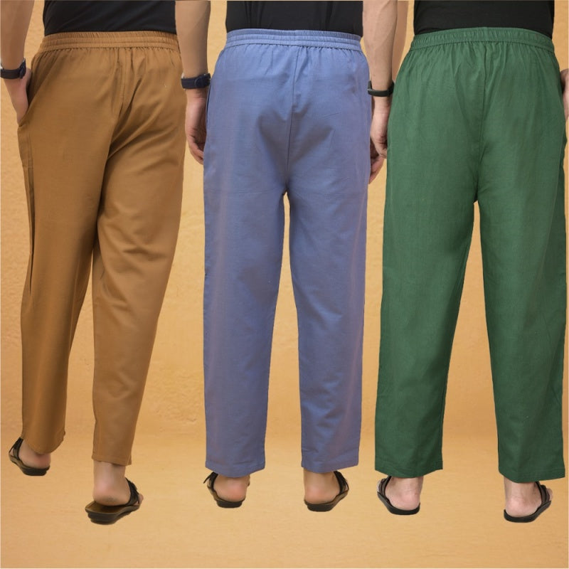 Combo of 3 Men Solid Cotton Flex Pant Bottle Green Sky Blue and Brown