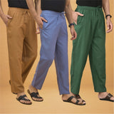 Combo of 3 Men Solid Cotton Flex Pant Bottle Green Sky Blue and Brown