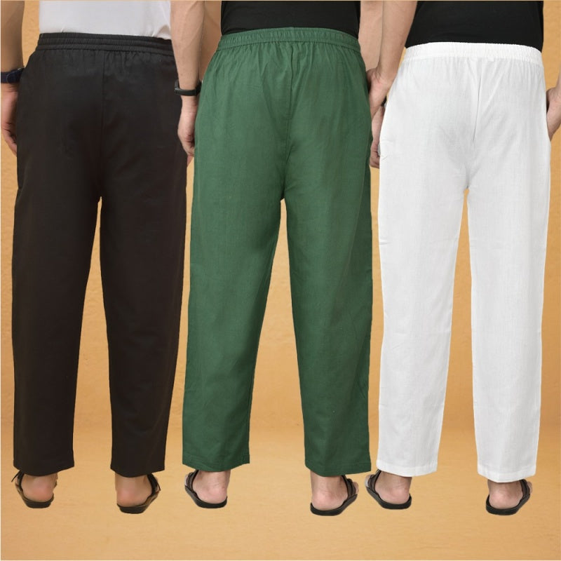 Combo of 3 Men Solid Cotton Flex Pant Bottle Green White and Black