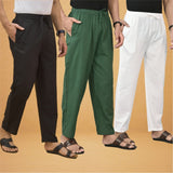 Combo of 3 Men Solid Cotton Flex Pant Bottle Green White and Black