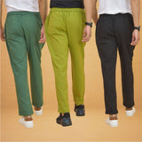 Combo of 3 Olive Green Black and Bottle Green Cotton Regular Trouser Pants-42390