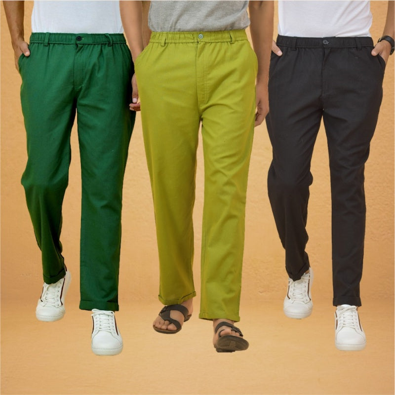 Combo of 3 Olive Green Black and Bottle Green Cotton Regular Trouser Pants-42390