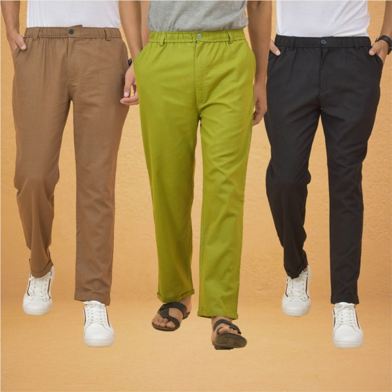 Combo of 3 Olive Green Brown and Black Cotton Regular Trouser Pants-42486