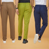 Combo of 3 Olive Green Brown and Navy Blue Cotton Regular Trouser Pants-42450