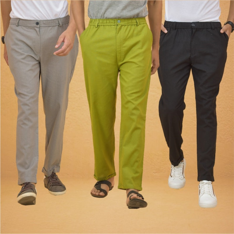 Combo of 3 Olive Green Gray and Black Cotton Regular Trouser Pants-42497