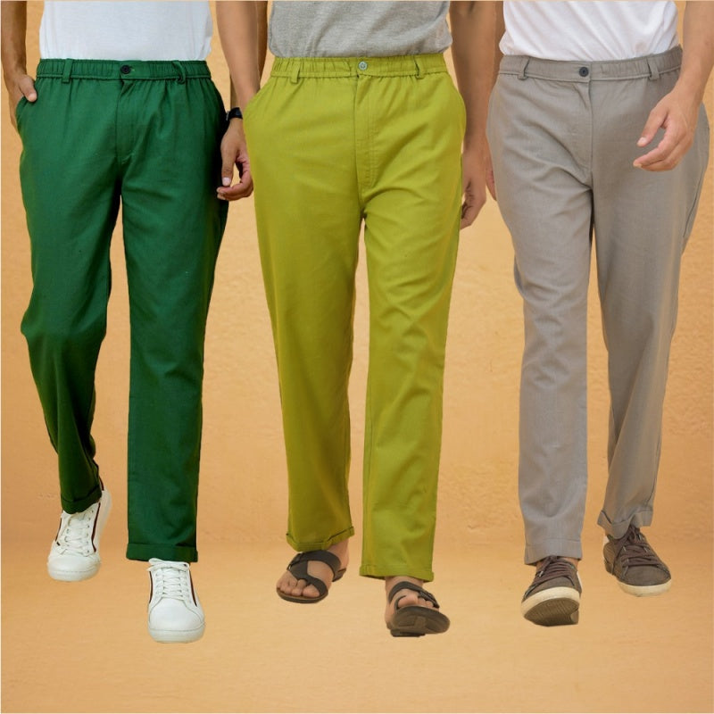 Combo of 3 Olive Green Gray and Bottle Green Cotton Regular Trouser Pants-42416