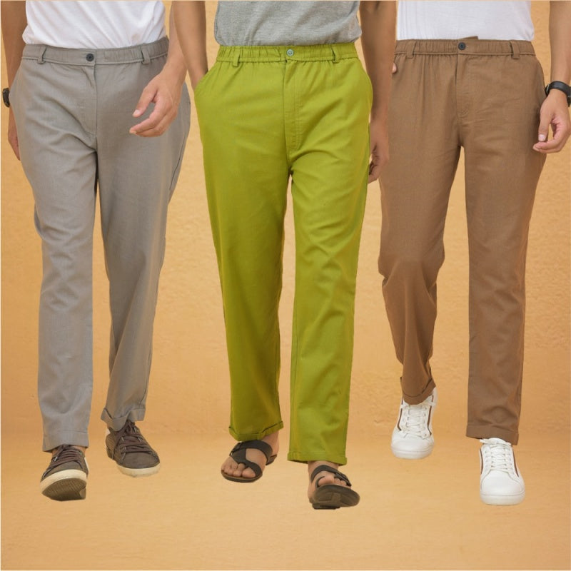 Combo of 3 Olive Green Gray and Brown Cotton Regular Trouser Pants-42546