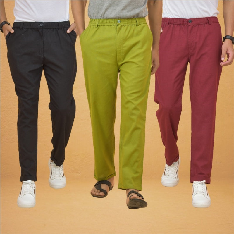 Combo of 3 Olive Green Maroon and Black Cotton Regular Trouser Pants-42504