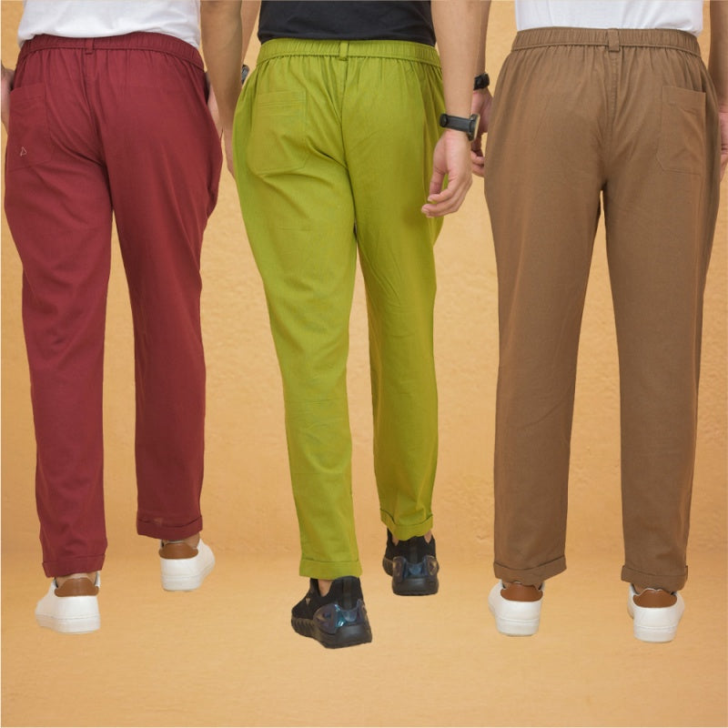 Combo of 3 Olive Green Maroon and Brown Cotton Regular Trouser Pants-42553