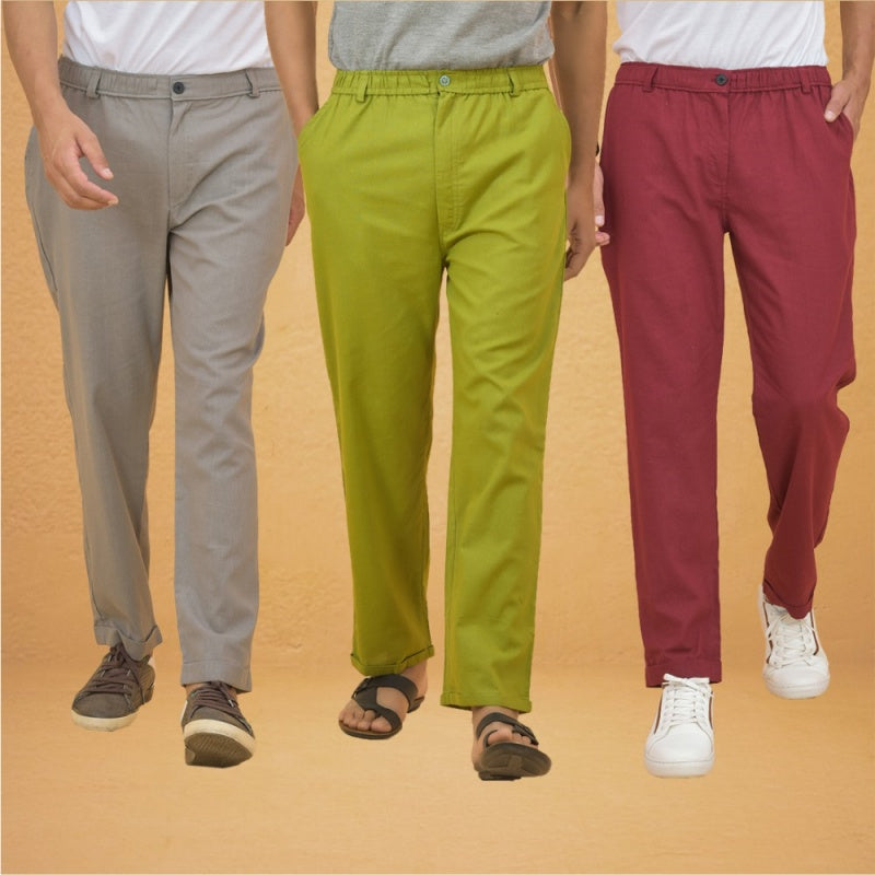 Combo of 3 Olive Green Maroon and Gray Cotton Regular Trouser Pants-42578