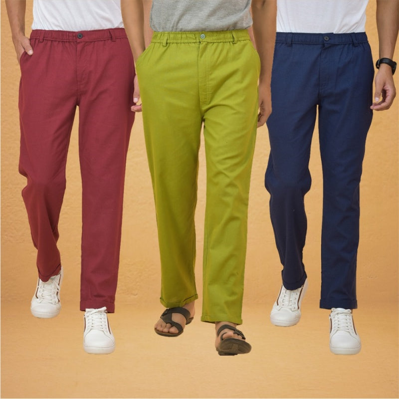 Combo of 3 Olive Green Maroon and Navy Blue Cotton Regular Trouser Pants-42468