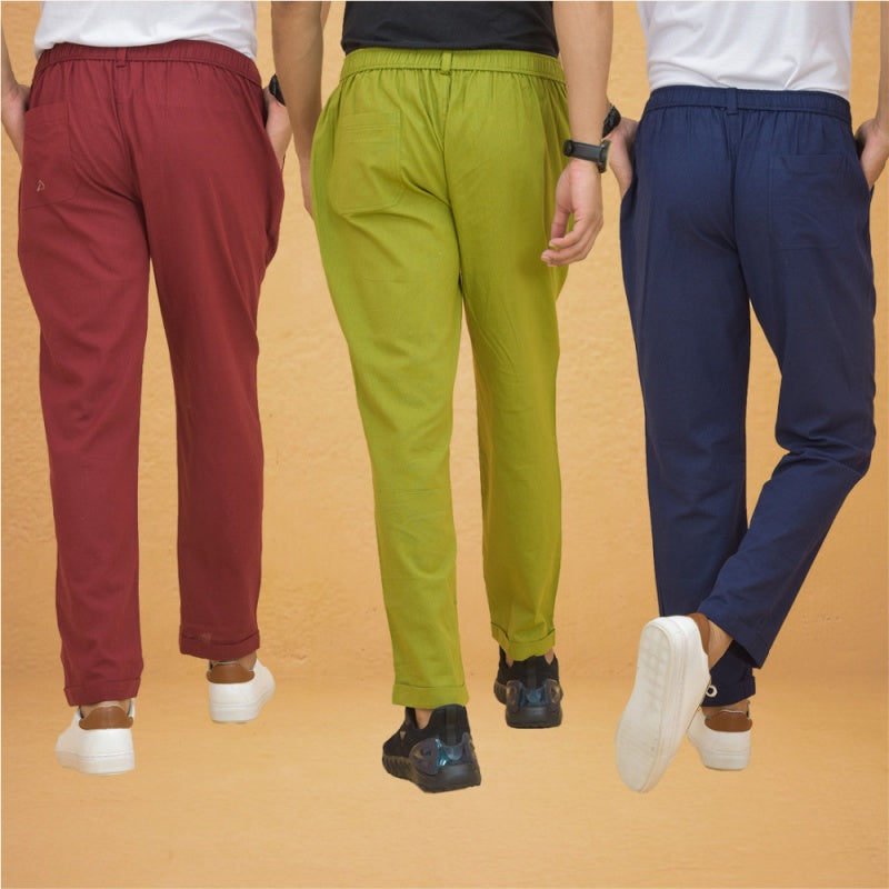 Combo of 3 Olive Green Maroon and Navy Blue Cotton Regular Trouser Pants-42468