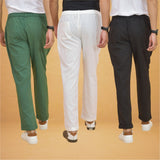 Combo of 3 White Black and Bottle Green Cotton Regular Trouser Pants-42391