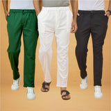 Combo of 3 White Black and Bottle Green Cotton Regular Trouser Pants-42391