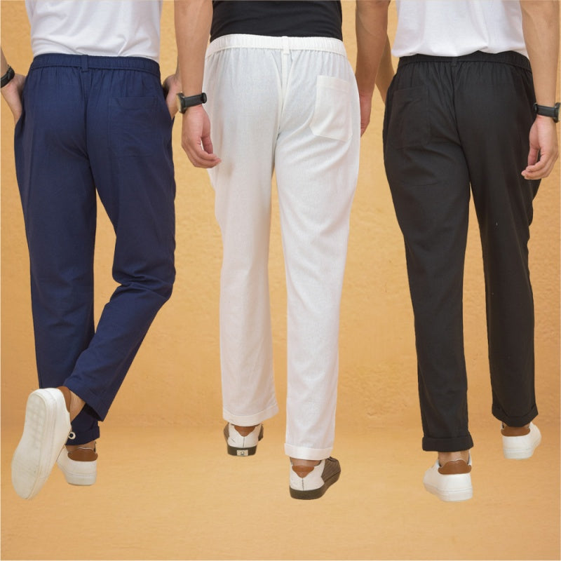 Combo of 3 White Black and Navy Blue Cotton Regular Trouser Pants-42436