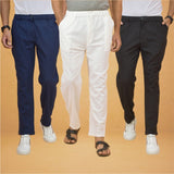 Combo of 3 White Black and Navy Blue Cotton Regular Trouser Pants-42436