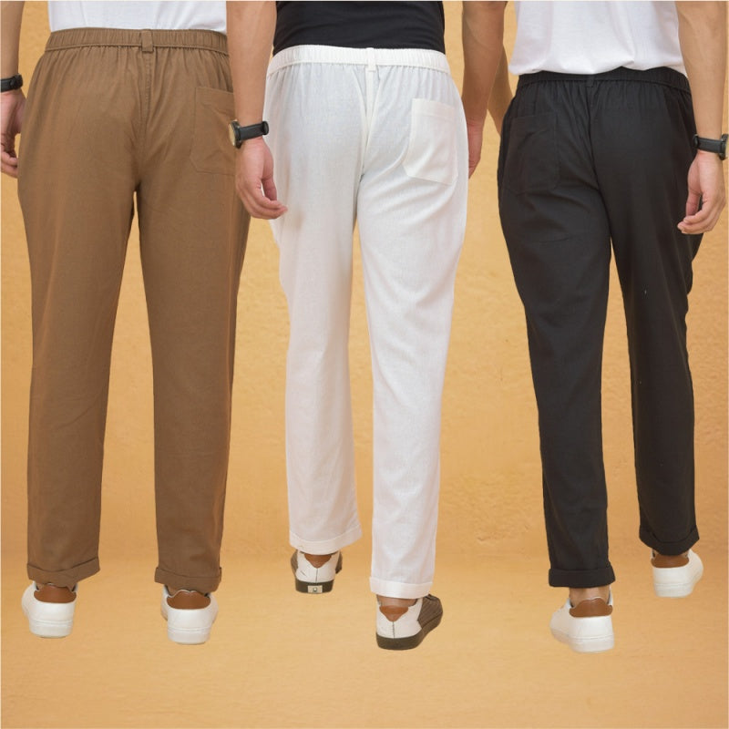 Combo of 3 White Brown and Black Cotton Regular Trouser Pants-42487