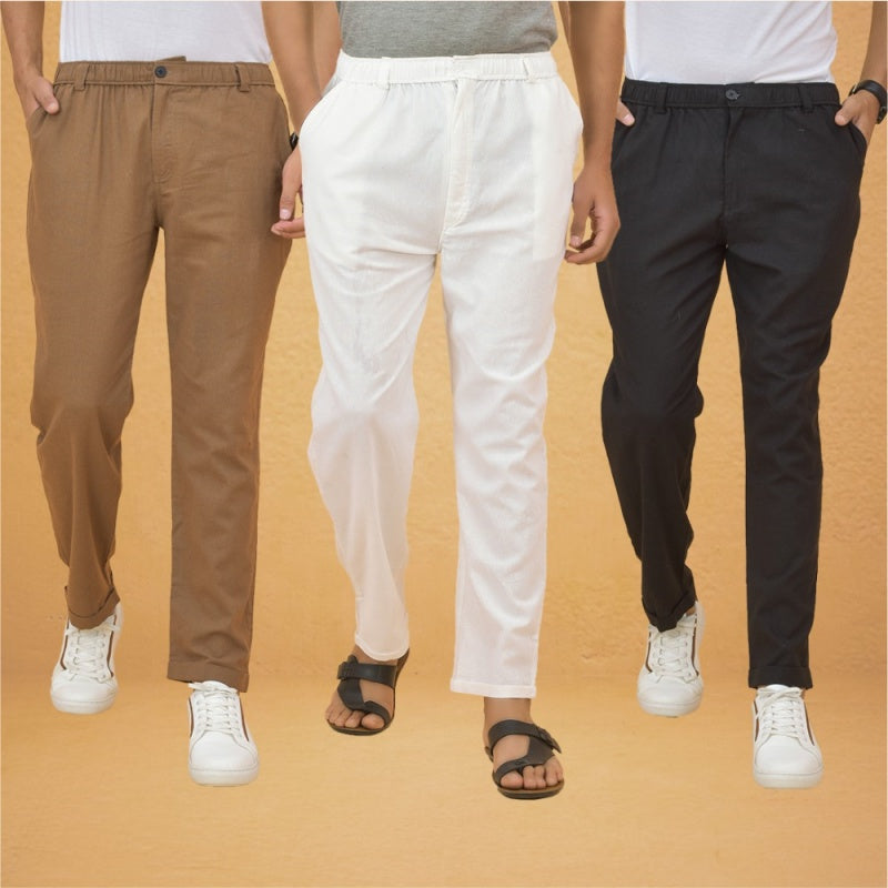 Combo of 3 White Brown and Black Cotton Regular Trouser Pants-42487