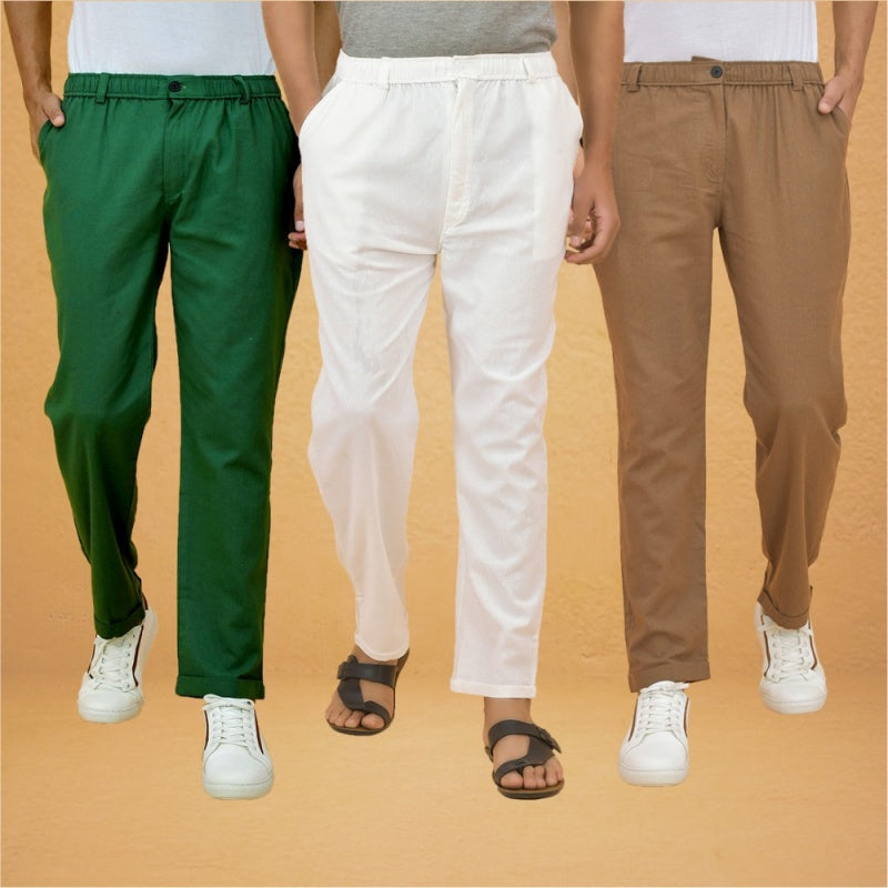 Combo of 3 White Brown and Bottle Green Cotton Regular Trouser Pants-42406