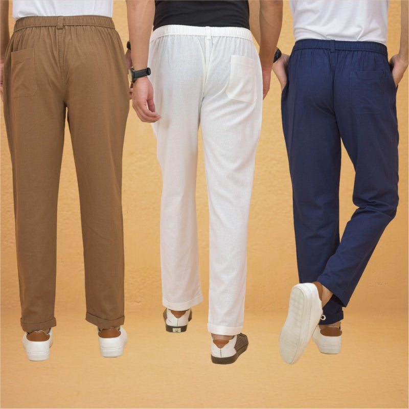 Combo of 3 White Brown and Navy Blue Cotton Regular Trouser Pants-42451