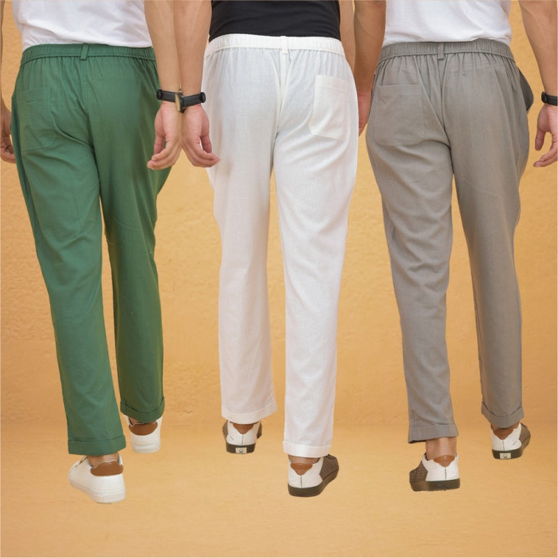 Combo of 3 White Gray and Bottle Green Cotton Regular Trouser Pants-42417