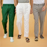 Combo of 3 White Gray and Bottle Green Cotton Regular Trouser Pants-42417