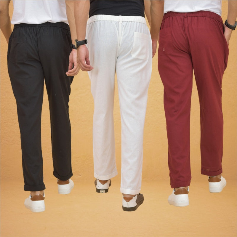 Combo of 3 White Maroon and Black Cotton Regular Trouser Pants-42505