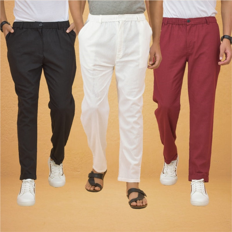 Combo of 3 White Maroon and Black Cotton Regular Trouser Pants-42505