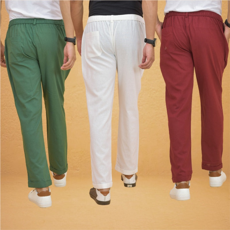 Combo of 3 White Maroon and Bottle Green Cotton Regular Trouser Pants-42424