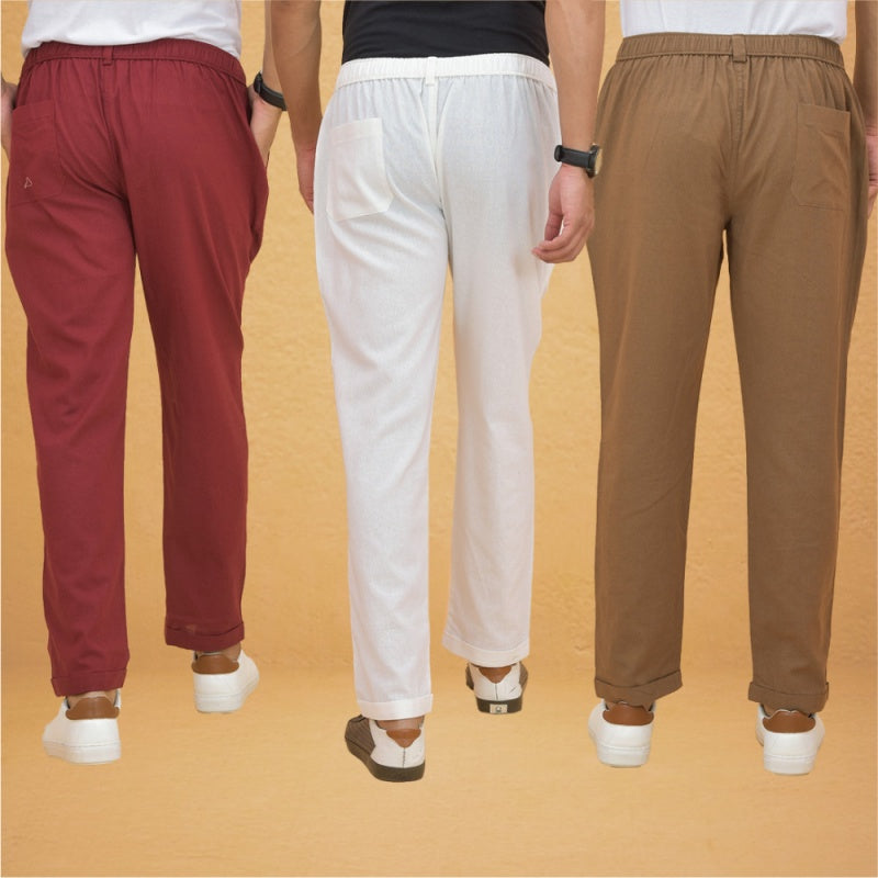 Combo of 3 White Maroon and Brown Cotton Regular Trouser Pants-42554