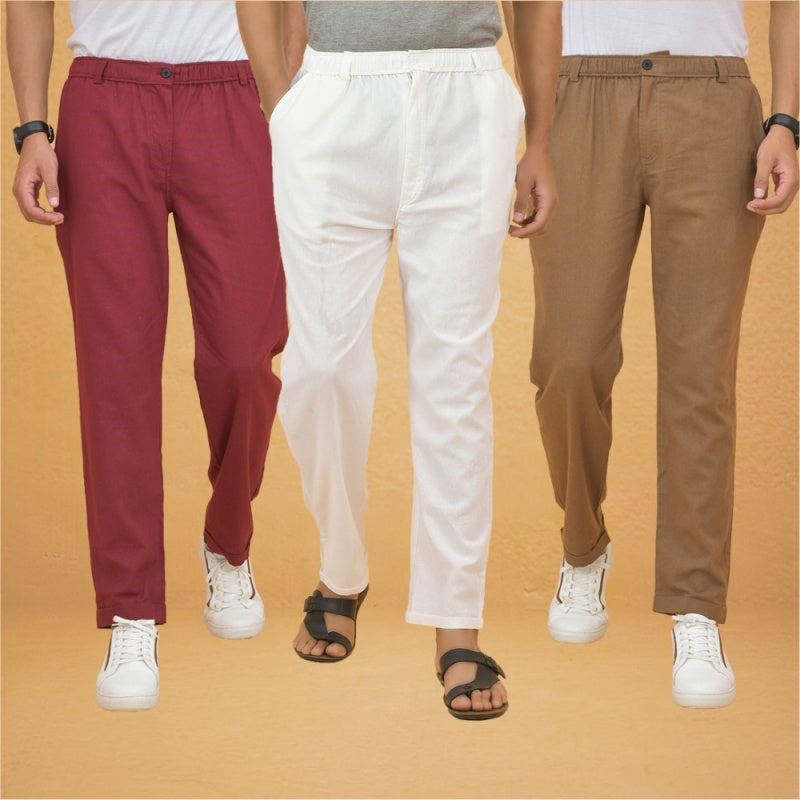 Combo of 3 White Maroon and Brown Cotton Regular Trouser Pants-42554