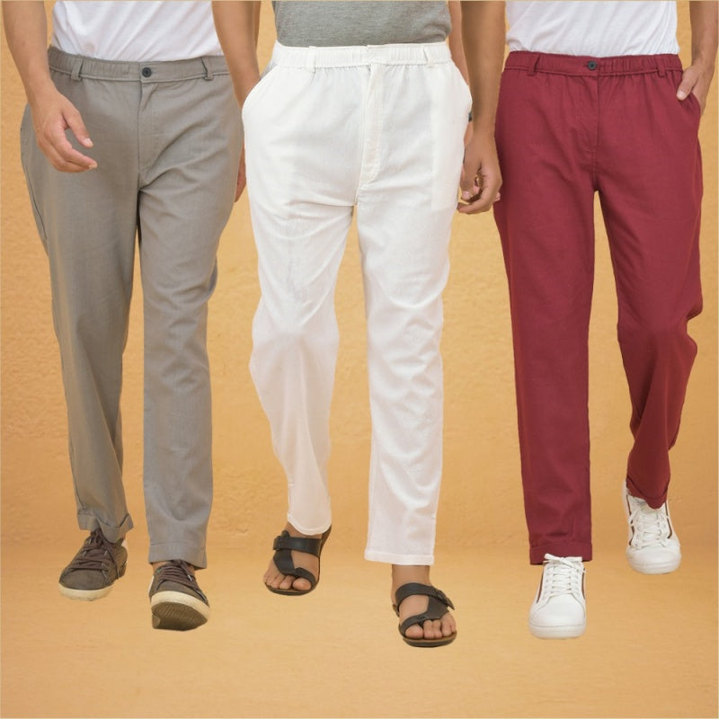 Combo of 3 White Maroon and Gray Cotton Regular Trouser Pants-42579