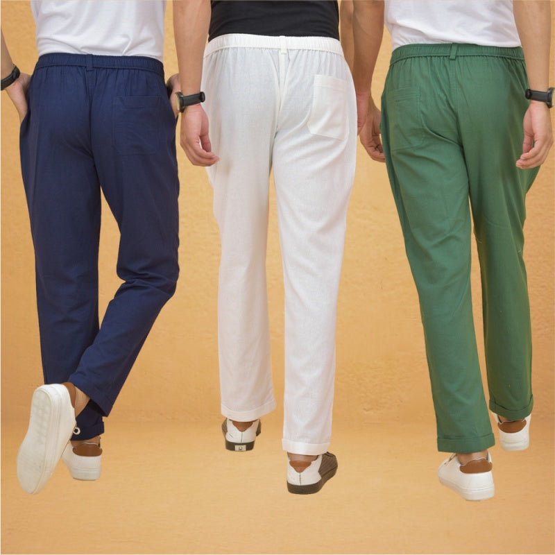 Combo of 3 White Navy Blue and Bottle Green Cotton Regular Trouser Pants-42382