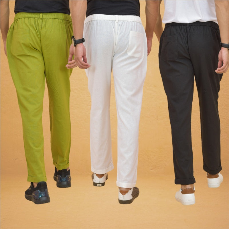 Combo of 3 White Olive Green and Black Cotton Regular Trouser Pants-42507