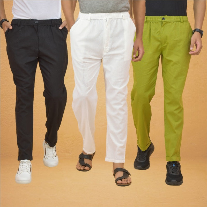 Combo of 3 White Olive Green and Black Cotton Regular Trouser Pants-42507