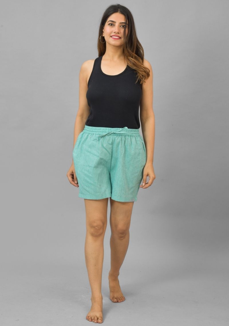 Cyan Solid Cotton Shorts