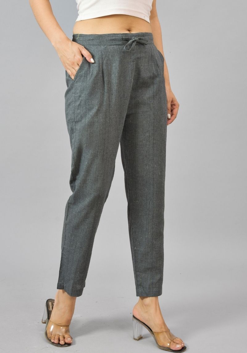 Dark Gray Solid Cotton Flax Trouser Pants