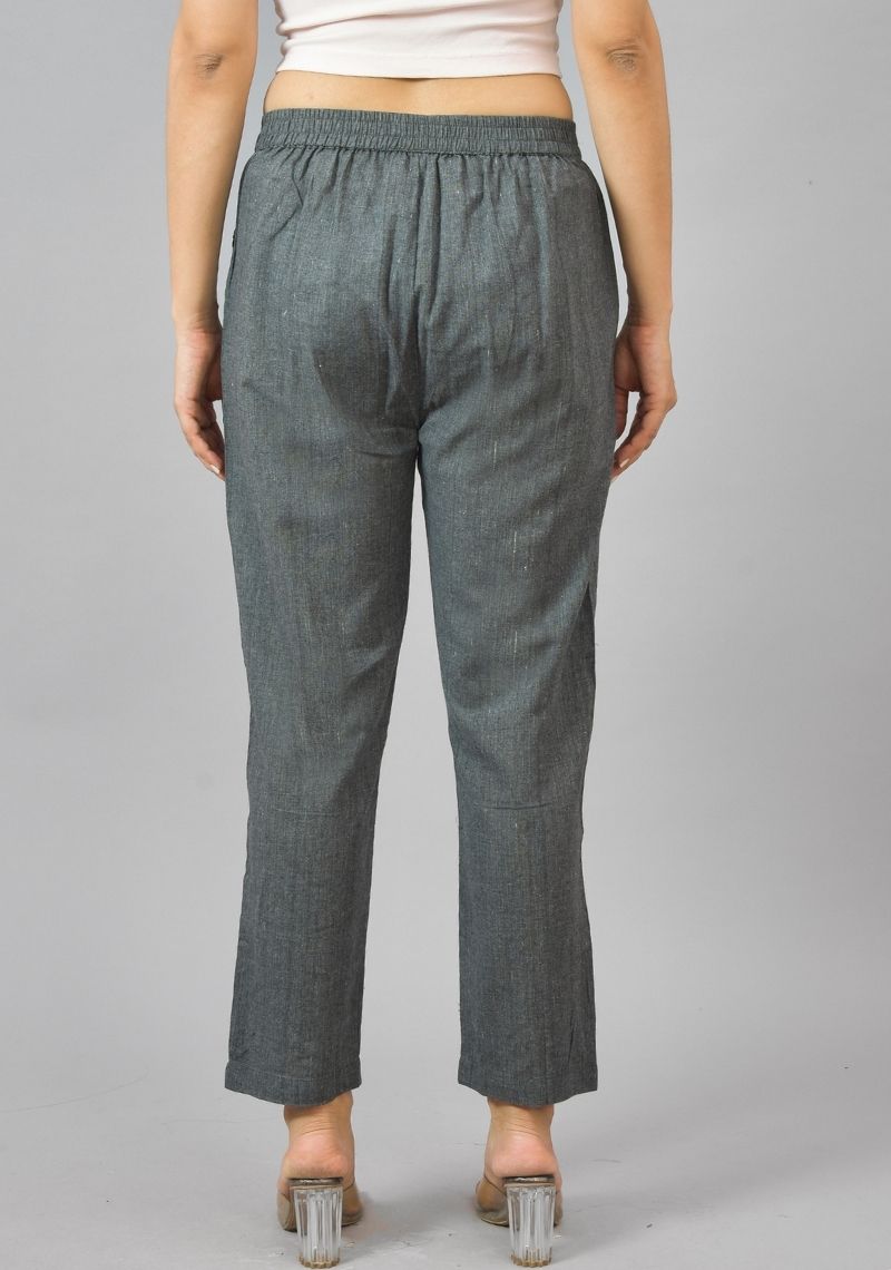 Dark Gray Solid Cotton Flax Trouser Pants